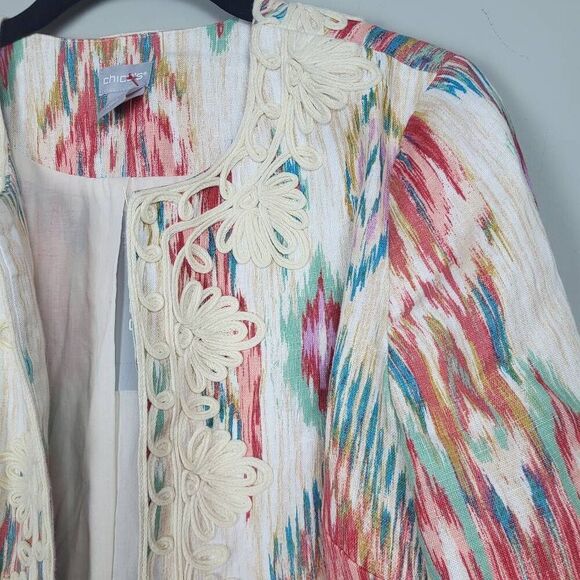 Chicos Womens 100% Linen Soutache Topper Jacket Size 4/6 Ikat Artsy Colorful NWT - Picture 3 of 8